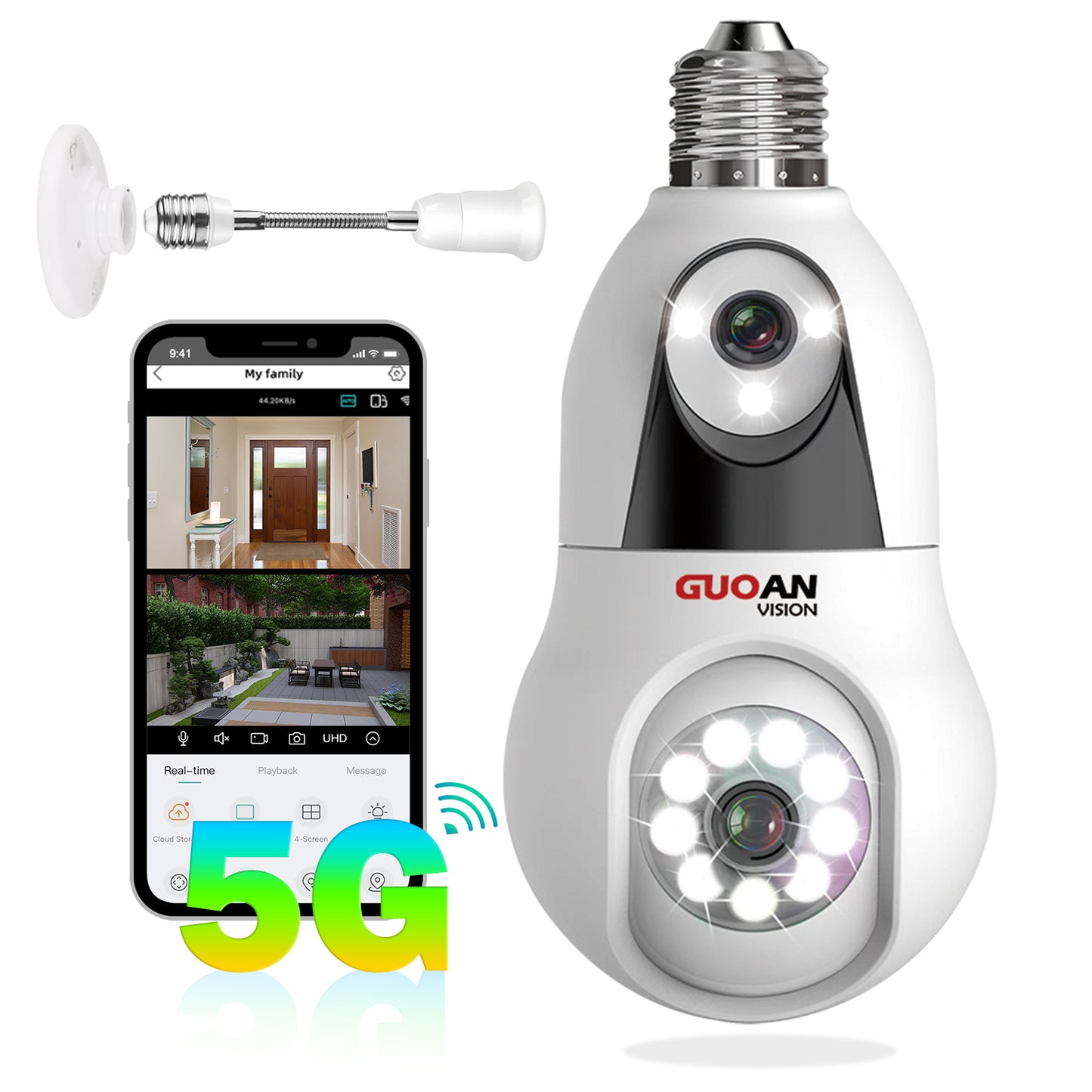 5G Light Bulb Security Camera, 6MP Dual Lens Wireless Light Socket Indoor Camera, Screw in Bulbs Camera, 360°View, Color Night, AI Tracking, Audible Alarm, SD/Cloud