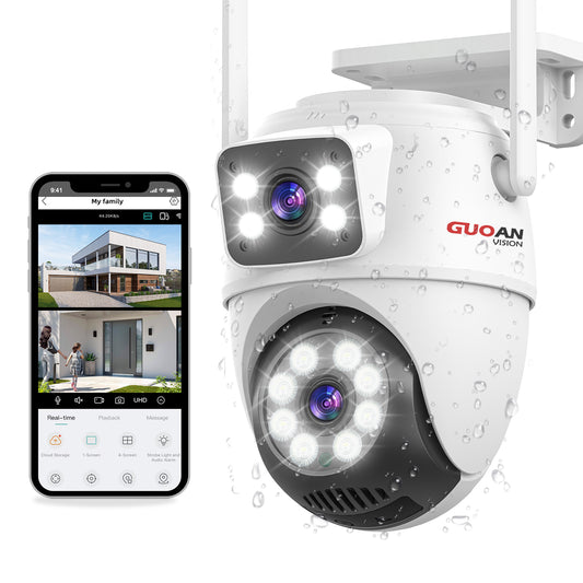 【Security Cameras Wireless Outdoor】 Dual Lens Linkage,6MP WiFi PTZ Surveillance Camera,360°View,Human Detection,Auto Tracking,Light Alarm,Night Vision,Two-Way Audio