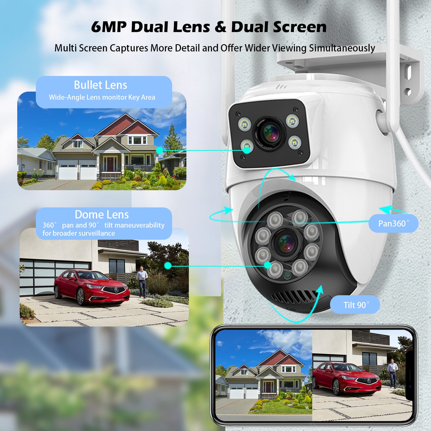 【Security Cameras Wireless Outdoor】 Dual Lens Linkage,6MP WiFi PTZ Surveillance Camera,360°View,Human Detection,Auto Tracking,Light Alarm,Night Vision,Two-Way Audio