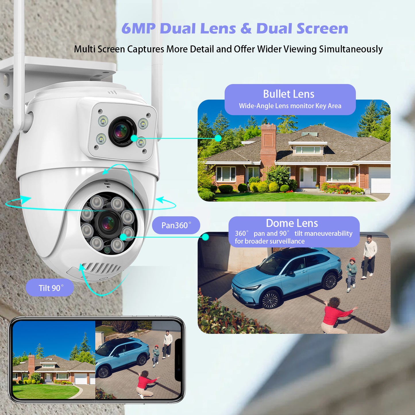 【Dual Lens Linkage】 Wireless Security Cameras Outdoor, 6MP WiFi PTZ Security Camera,360°View,IP66 Waterproof,Human Detection&Tracking,Light Alarm,Night Vision,24/7 Record