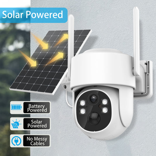 4MP Solar Security Cameras Wireless Outdoor, 360° PTZ Battery Powered Surveillance Camera for Home Security Outside, 2.4Ghz WiFi Cameras, Color Night, 2-Way Audio, IP66 Waterproof, SD/Cloud