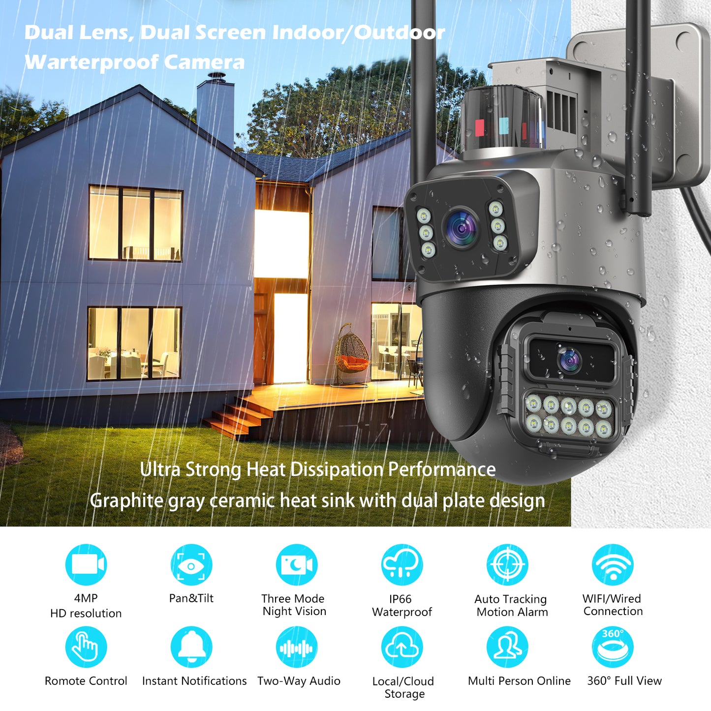 6MP Security Camera Outdoor, Dual Lens Outside Cameras for Home Security with Cord, IP66 Waterproof, AI Tracking, Light Alarm, Color Night, 2-Way Talk, 24/7 Record,SD/Cloud