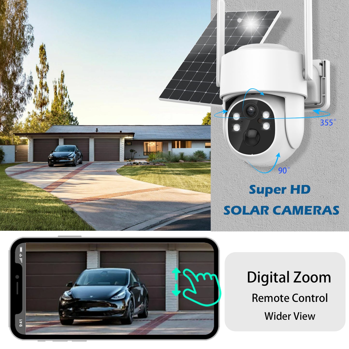 4MP Solar Security Cameras Wireless Outdoor, 360° PTZ Battery Powered Surveillance Camera for Home Security Outside, 2.4Ghz WiFi Cameras, Color Night, 2-Way Audio, IP66 Waterproof, SD/Cloud