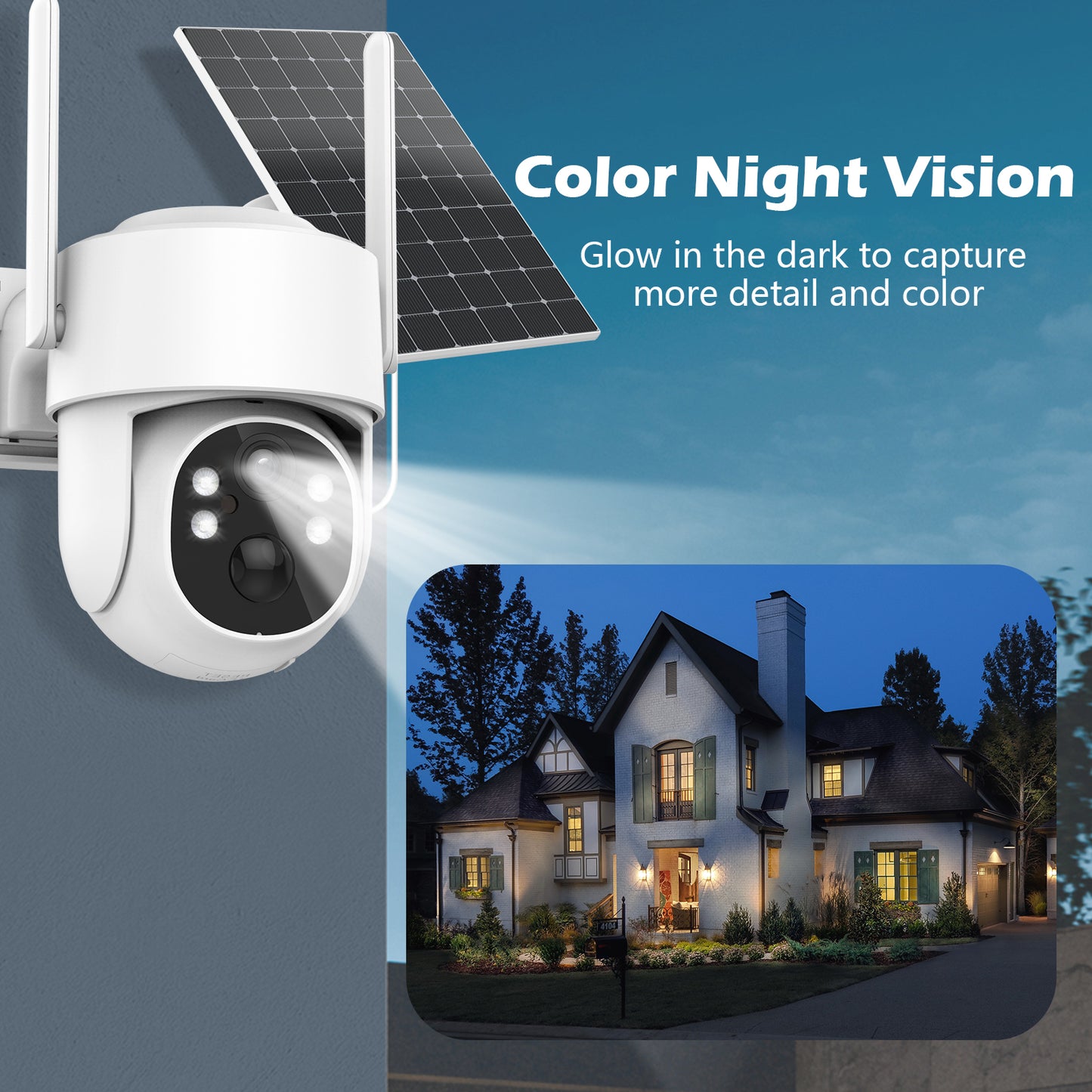 4MP Solar Security Cameras Wireless Outdoor, 360° PTZ Battery Powered Surveillance Camera for Home Security Outside, 2.4Ghz WiFi Cameras, Color Night, 2-Way Audio, IP66 Waterproof, SD/Cloud